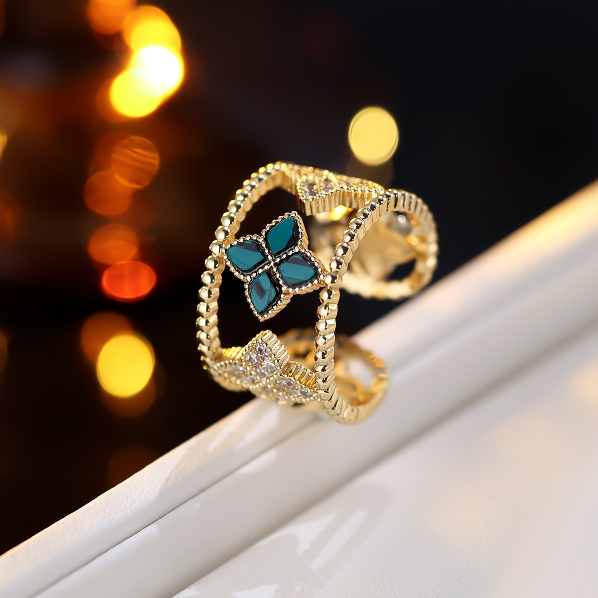 Women's Retro Four-Leaf Clover Open Ring, Unique Design